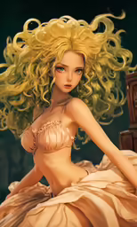 beautiful blonde animated illustration of a lady sitting on a bed