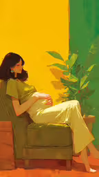 the pregnant woman is sitting on a chair,an abstract painting of a woman on a couch