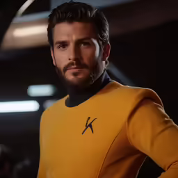 a man wearing a yellow uniform and beard with his hands on his hips