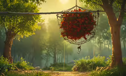a tree is hanging from the roof of a planter,a flower arrangement is hanging from a vine