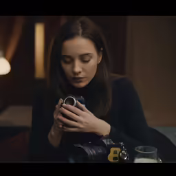 woman with camera looking down at picture with 3 coffee cups