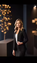 a woman is posing in a black suit