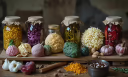 a row of glass jars filled with food
