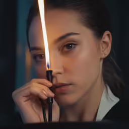 a woman with dark eyes and one light bulb is touching her face