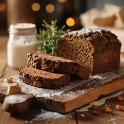some brown bread sitting on a cutting board with a small bowl and sugar