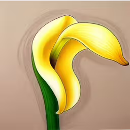 a yellow flower with a green stem on a brown background,this is a painting of a yellow flower on a wall,the yellow flower is standing still, as if it were painted on the wall,a yellow flower on display in an art gallery,a yellow flower with long leaves is being framed