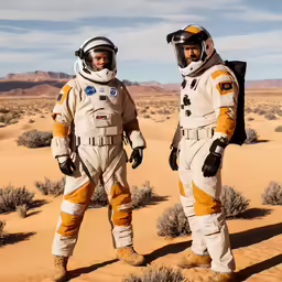 two men are wearing white and yellow space suits