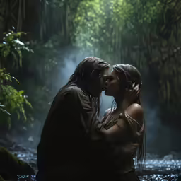 a man and woman kissing while standing on a stream