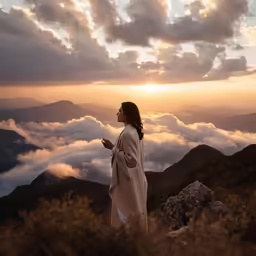 a woman on the top of a mountain standing