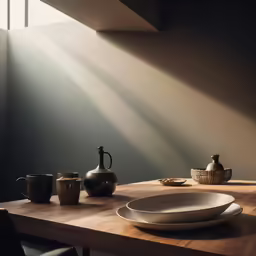 an empty room with a wooden table and several plates, bowls and utensils