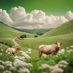 two cows are standing in a lush green valley
