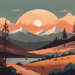 painting of mountain landscape with trees and a pond,painting of mountains and a river in the distance with the sun going down