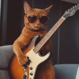 a brown cat wearing sunglasses holding an electric guitar