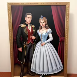 a painting of a couple dressed in formal attire,a portrait of a man and woman dressed in formal wear and dress