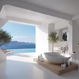 the bathtub is in between two windows and two vases