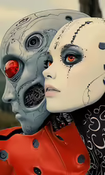 two humanoids face each other one has orange eyes and the other has gray, grey, white and orange