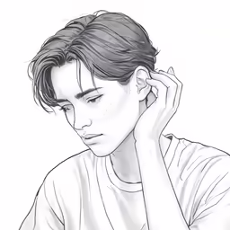 a boy is sitting down with his head resting against his hand