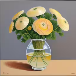 a painting of yellow flowers and green leaves in a glass vase,a painting of a vase with flowers inside,painting of some flowers in a vase,this is a painting of yellow flowers inside of a glass vase,a painting of some flowers in a vase