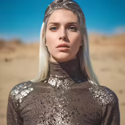 the blond woman with silver glitter dress poses in the desert