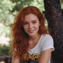 a close up of a young woman with long red hair