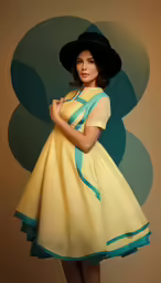 an attractive woman in a dress and hat posing for a picture