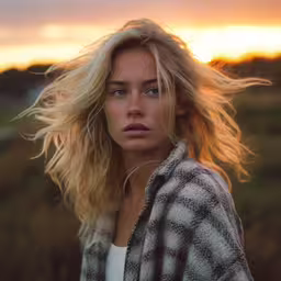 an attractive woman with blonde hair and plaid jacket standing in a field,a young woman looks over her shoulder and covers herself with a blanket