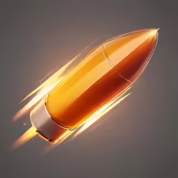 an orange missile with a flame flying in the air