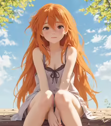 the anime character has orange hair and is sitting on a piece of wood