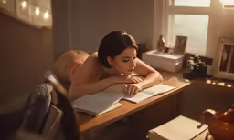a woman laying on top of a wooden table