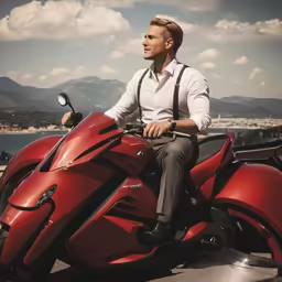 a man riding on the back of a red motorcycle