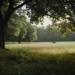 a cow is grazing in the pasture between two large trees