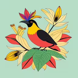 the bird is sitting on the leaves of the plant,the colorful bird is perched on top of the branch