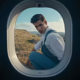 a man in overalls, looking out an airplane window