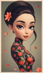 a portrait of a girl with long dark hair and a flowery hairpiece