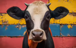 the head of a cow is standing next to a colorful wall