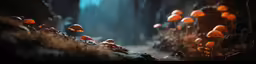 several little mushrooms in a dark forest, with small light beams from the sky