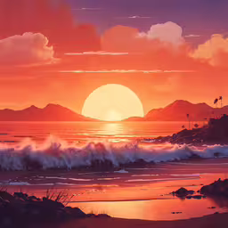 a painting of waves crashing against a beach,a sunset view with a bright orange sun over the ocean