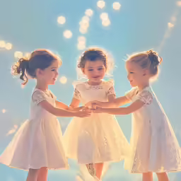 two little girls in white dresses stand holding hands