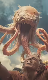 an octopus looking up at the face of a man