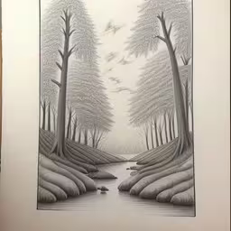a drawing on paper of a stream and trees