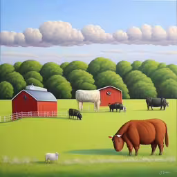 a painting of a cow and other animals in a grassy area,a painting of cows and cows grazing in a field