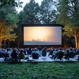 an outdoor cinema in the evening with rows of people sitting and standing