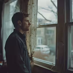 a young man looks out a window at the street,a man looks out the window of his apartment