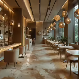 a restaurant with a dining room next to a window