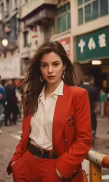 the woman is posing by the fence wearing her red suit