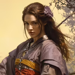 a female character has her hair up and a flower in her hair