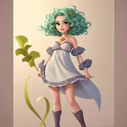 the female character in a blue dress and boots