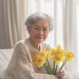 a woman holds a bouquet of daffodils in front of her,an older woman holding a bouquet of yellow daffodils