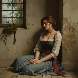 a woman sitting in a room next to a window