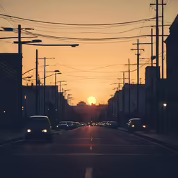 the sun is setting over a city street